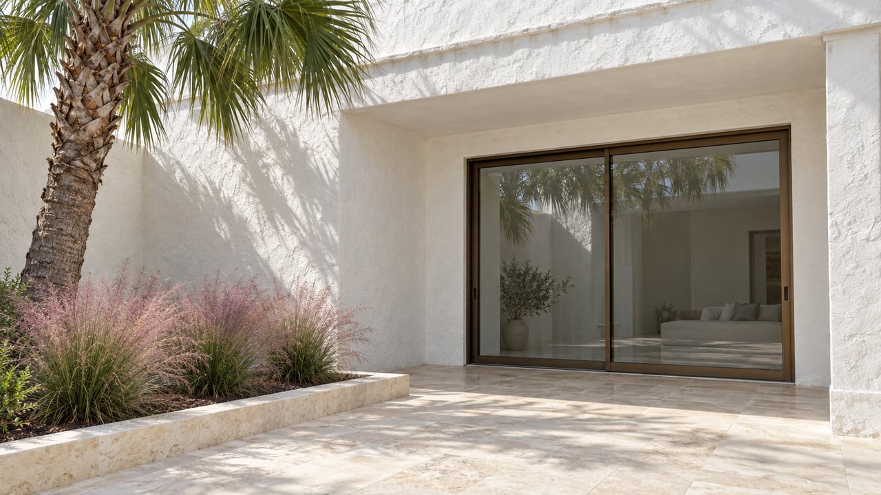 White masonry courtyard with bronze-framed glass doors, cream limestone paving, a sculptural palm and pink muhly grass.