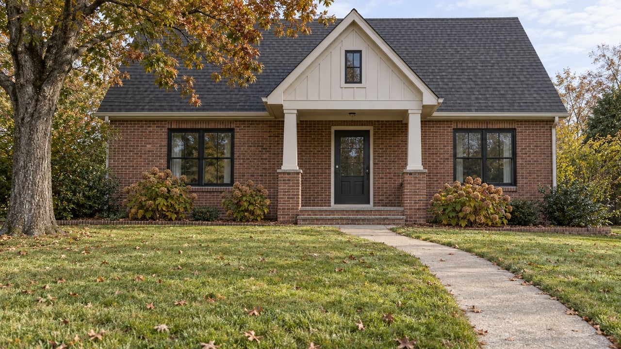 An updated brick house with a white gable and covered entry beyond a broad autumn lawn and curved concrete walk.