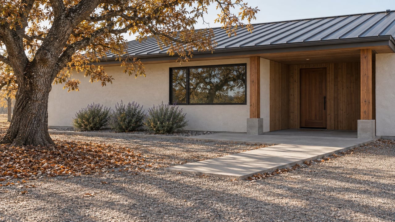 Low autumn sunlight crosses a gravel approach toward a stucco and cedar home with a covered entry and mature oak.