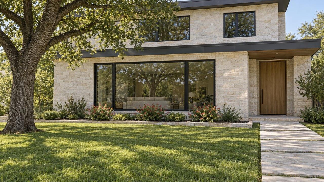 Contemporary limestone and oak residence behind a deep green lawn, with black-framed windows and a mature spreading oak.