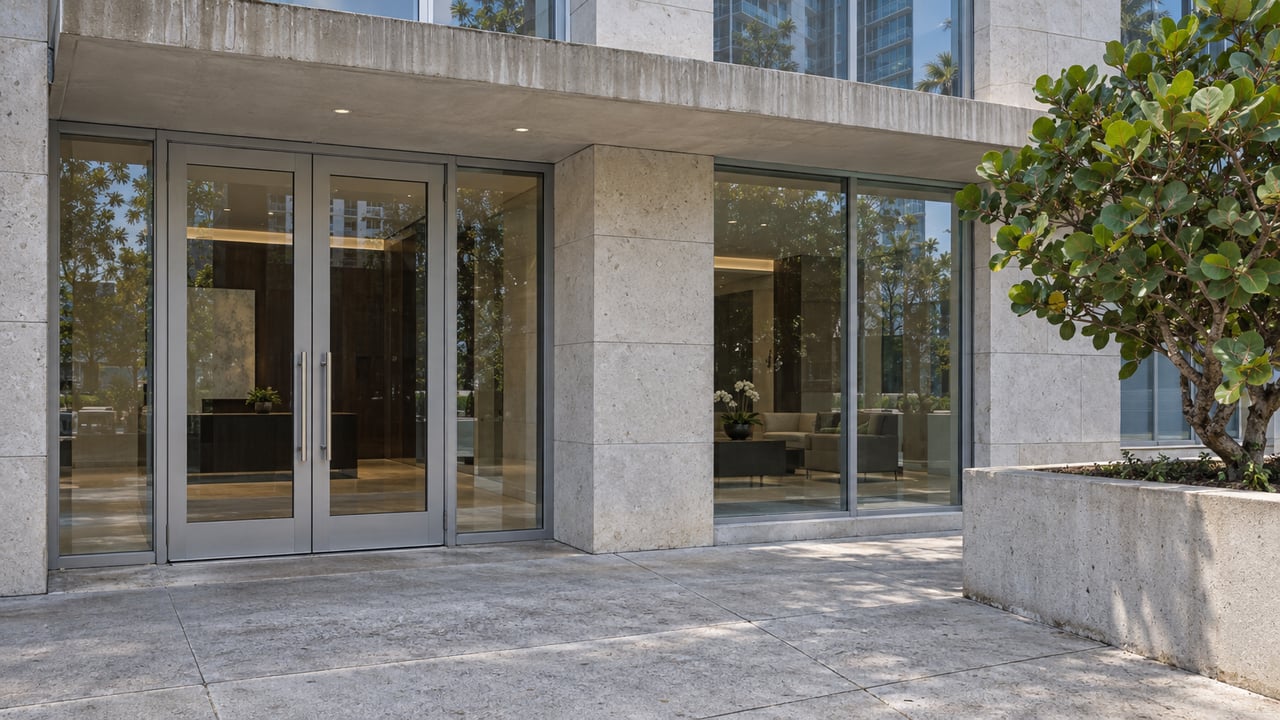 Glass double doors and limestone frontage of a modern residential tower, beside a raised concrete planter with a sea grape specimen.