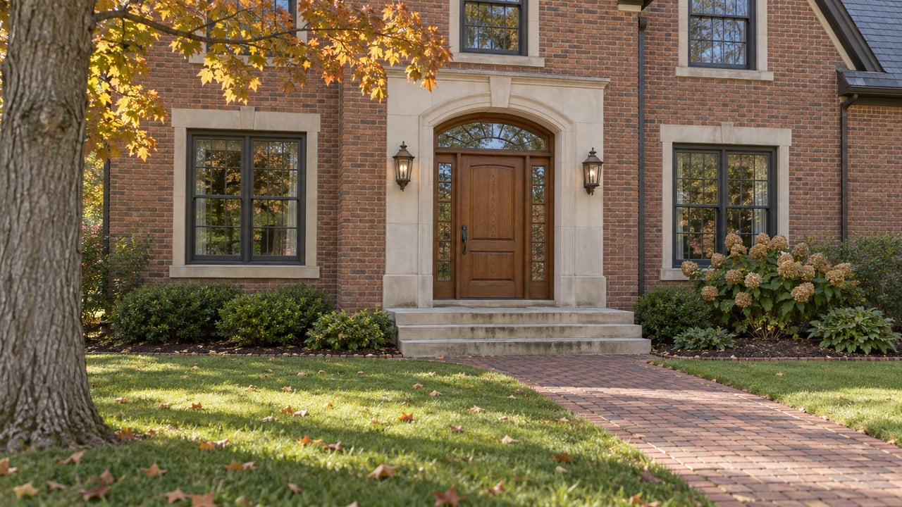 Established brick home with a limestone-framed oak entrance, paired windows, autumn maple foliage and a brick walk across a deep lawn.