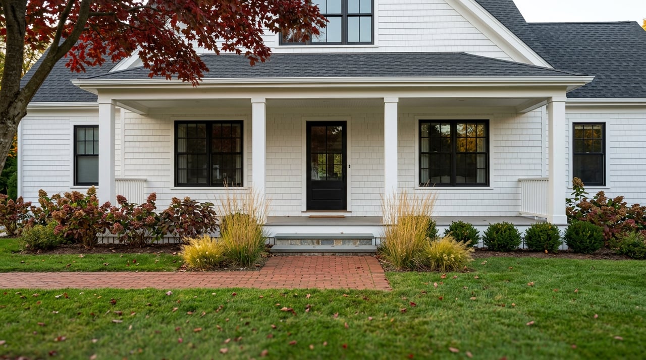 White shingle home with a deep porch, brick walk, golden grasses, and scarlet autumn foliage.