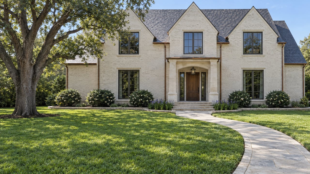 Ivory painted-brick home with steep slate gables, a limestone covered entry and a broad lawn beneath a mature live oak.