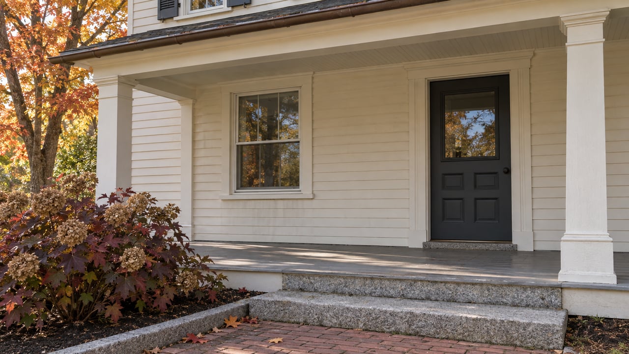 Autumn light on an ivory clapboard home's covered porch, charcoal front door, granite steps and amber maple foliage.