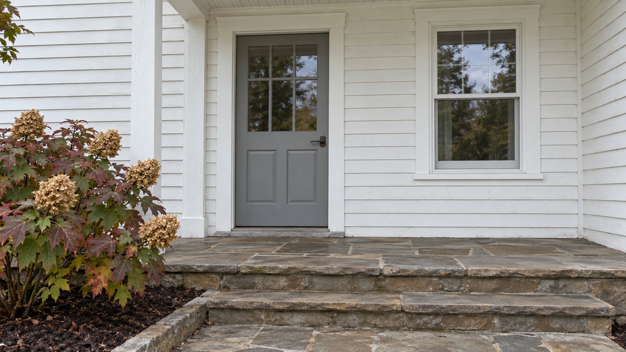 White clapboard home entry with a gray glazed door, weathered flagstone steps and burgundy oakleaf hydrangea foliage.