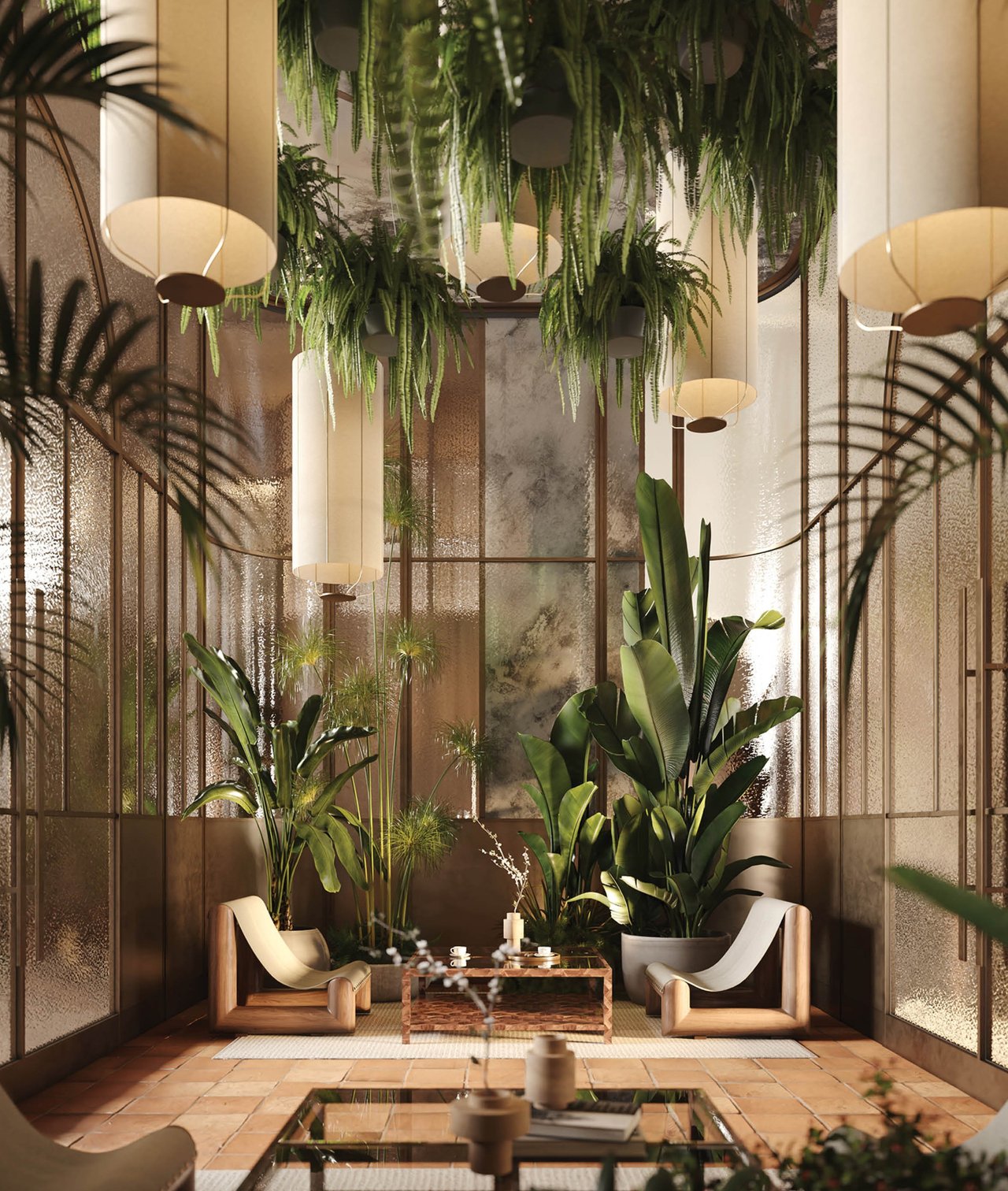 Lobby lounge with tropical plants, textured glass walls, pendant lights, and curved chairs.