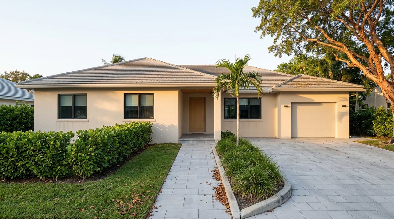 Pale stucco home with covered entry, gray paver driveway, clipped hedge, and spreading tree.