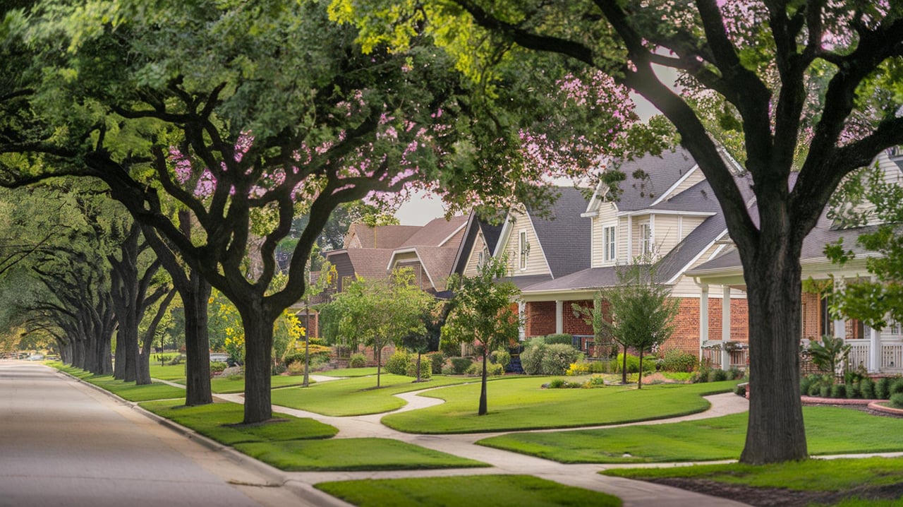 Quiet residential street lined with large shade trees and brick homes, with a winding sidewalk through green lawns.