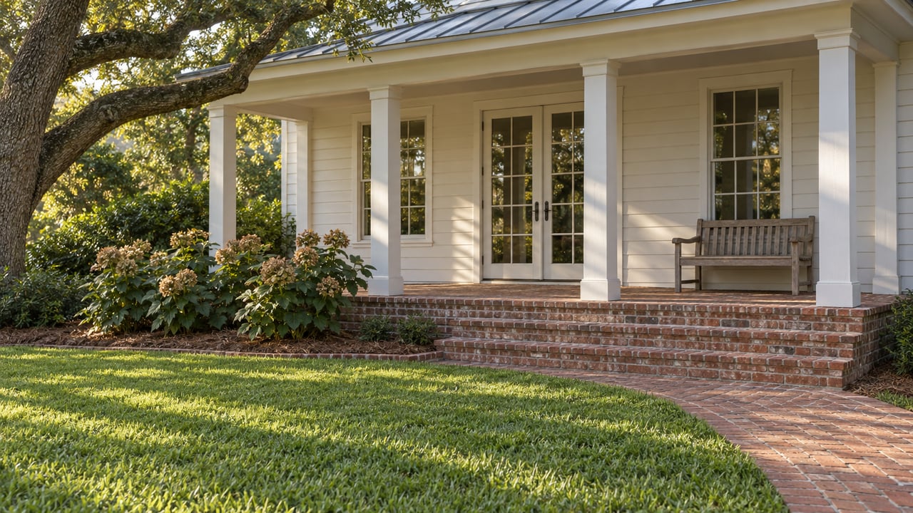 White clapboard home with a covered brick porch, closed French doors, oak branches and a broad green garden.