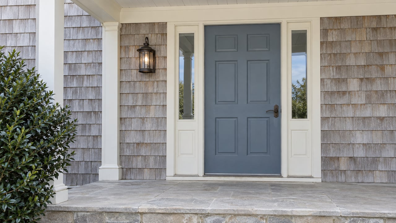 Blue-gray six-panel door with glazed sidelights set in weathered cedar shingles above a limestone step.