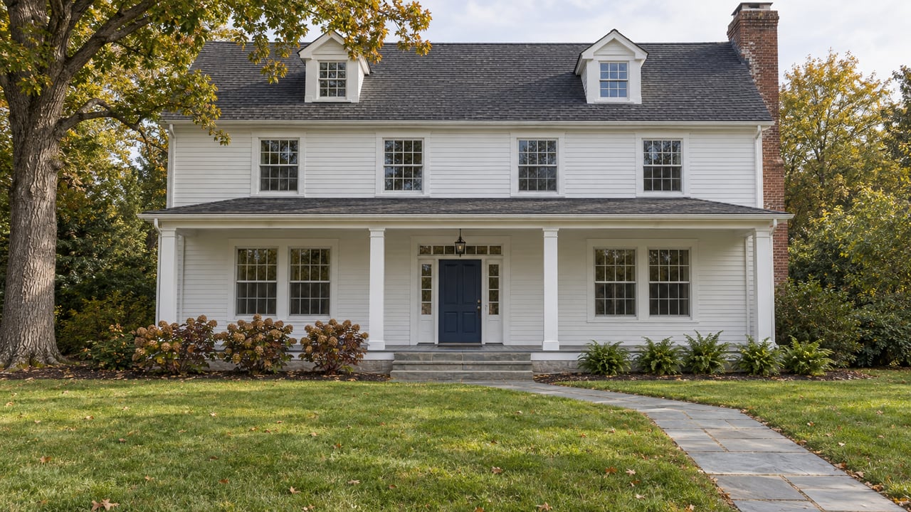 White clapboard home with two dormers, a covered front porch and a deep lawn bordered by an oak and autumn hydrangeas.