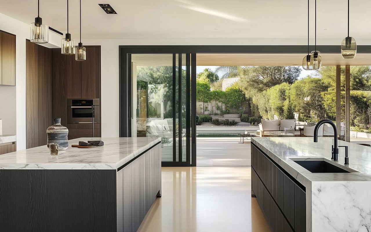 Modern kitchen with marble islands and sliding doors opening to a patio and pool.
