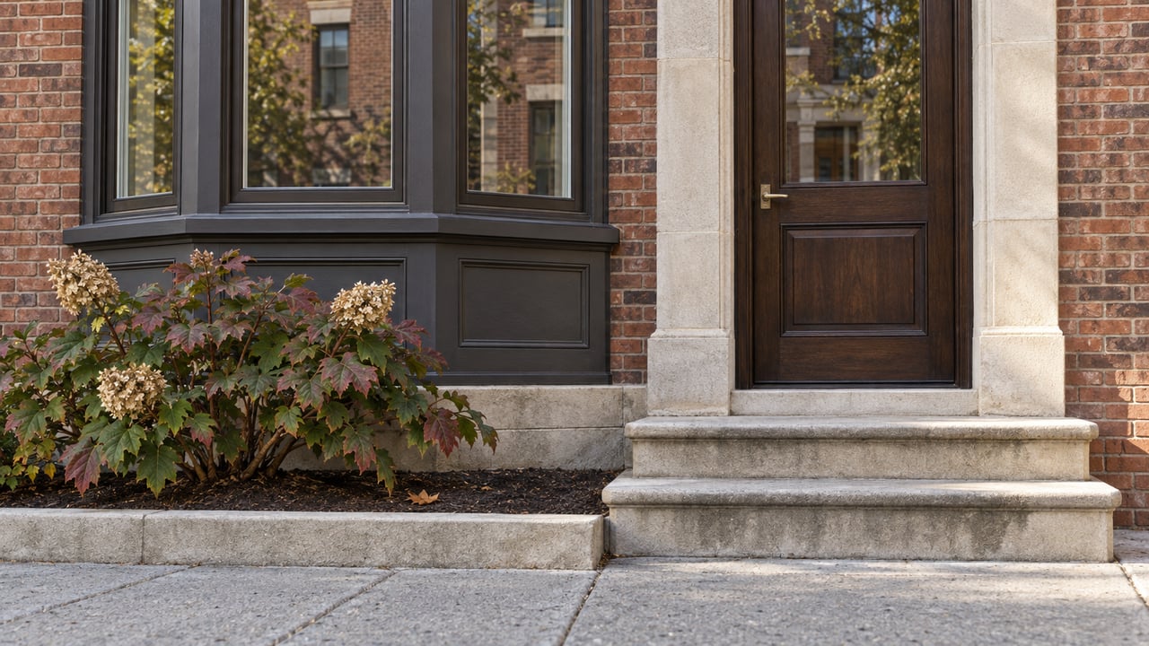 Brick home entrance with a dark wood door, stone steps, bay window, and autumn shrub.