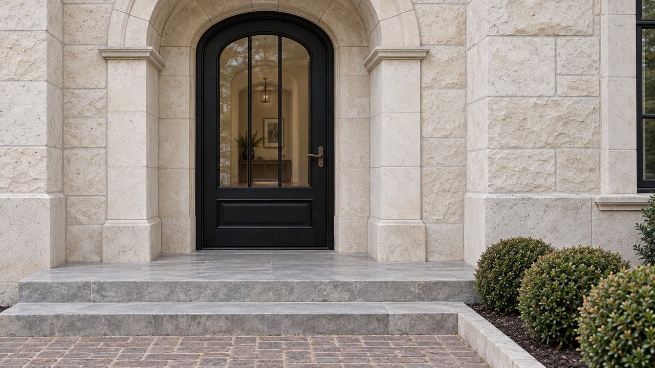Arched limestone entrance with a closed black glazed door, weathered stone steps and clipped boxwood planting.