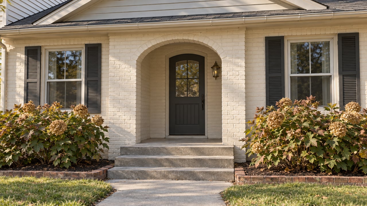 Warm morning light on a modest cream-brick home with an arched porch, charcoal door, paired shuttered windows and autumn oakleaf hydrangeas.