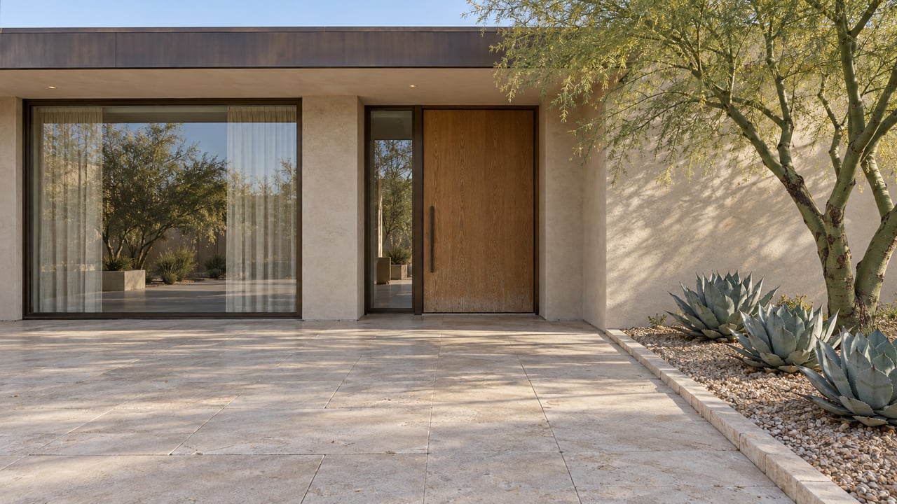A low sand-stucco home with a recessed oak entry, bronze-framed glazing, limestone approach, and sculptural desert planting.