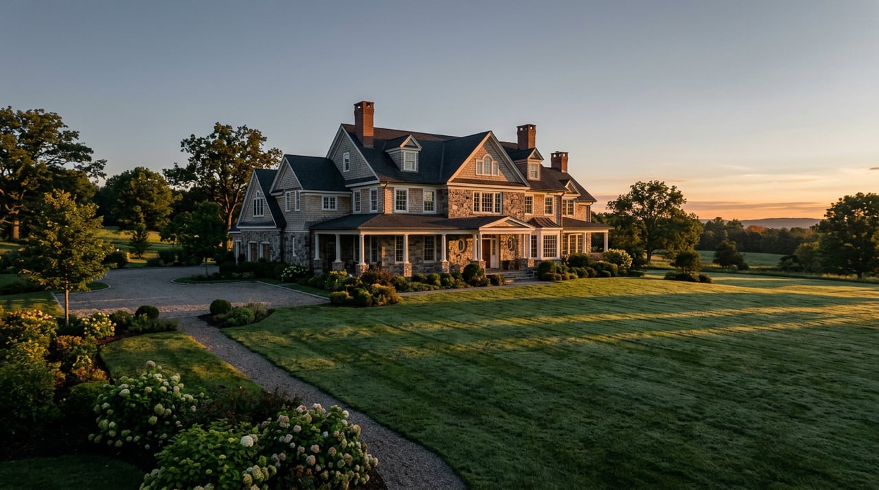 Estate home with brick facade and broad lawn in low amber sunlight.