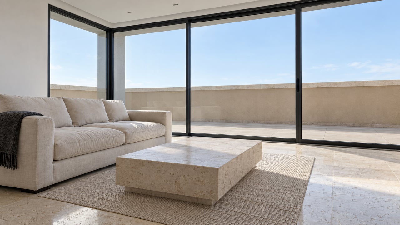 Sunlit condominium living room with an ivory linen sofa, pale stone coffee table and black-framed glazing overlooking a private terrace.