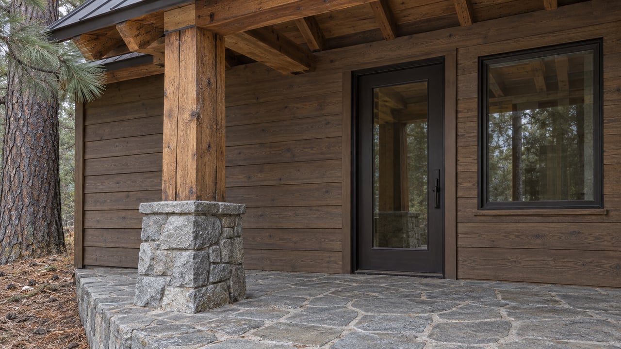 Close view of a timber home's sheltered glazed entry, weathered wood post and granite landing beside a pine trunk.