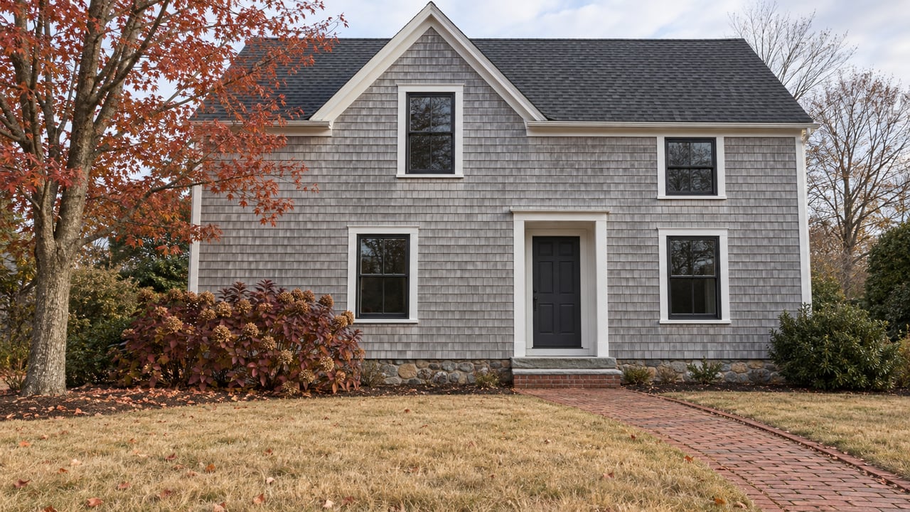 Gray cedar-shingled home with black windows, a brick walk and an autumn maple beside a tawny front lawn.