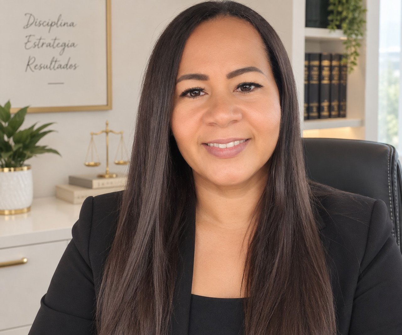 Xiomara Mendez smiling in a black blazer, seated in an office with a framed Spanish sign behind her.