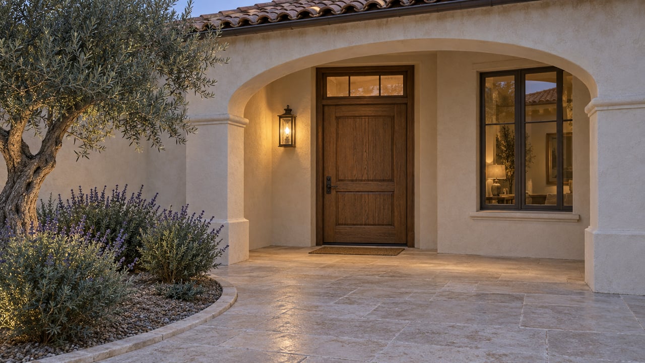 An ivory stucco villa entry at dusk, with a warm bronze lantern, oak door, terracotta roof tiles and limestone courtyard beside an olive tree.