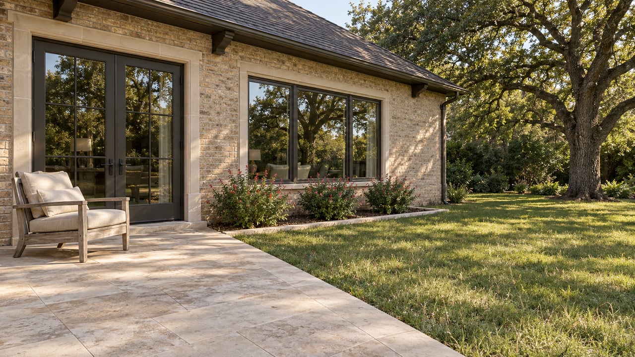 Buff-brick home with closed bronze-framed garden doors, a limestone terrace, and a mature live oak shading the lawn.