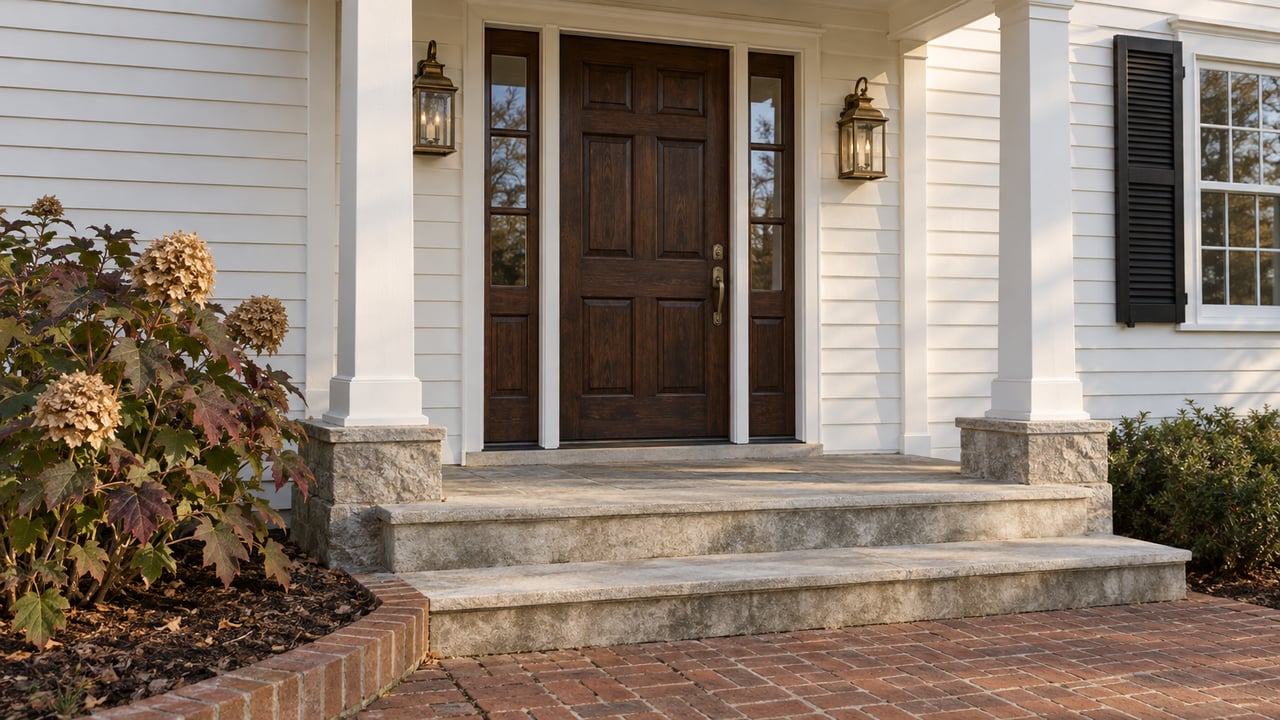 White clapboard home entrance with a dark wood door, glazed sidelights, brass lanterns, limestone steps and autumn oakleaf hydrangea.