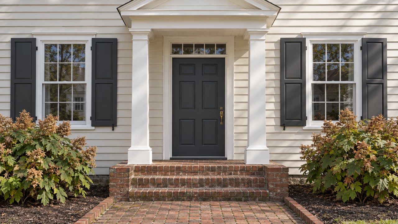 Ivory clapboard home with a charcoal door, white pedimented portico, weathered red brick steps, and two oakleaf hydrangeas.