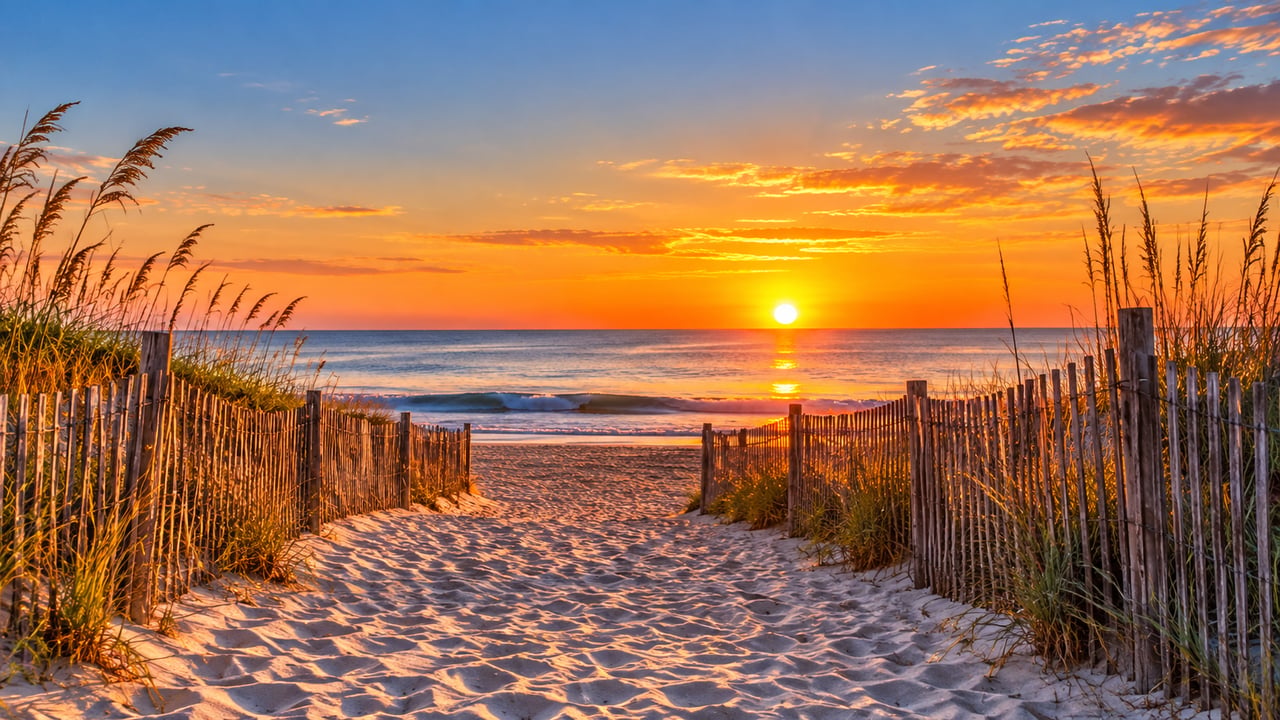 Sandy beach access path framed by dunes and wooden fences at sunset.