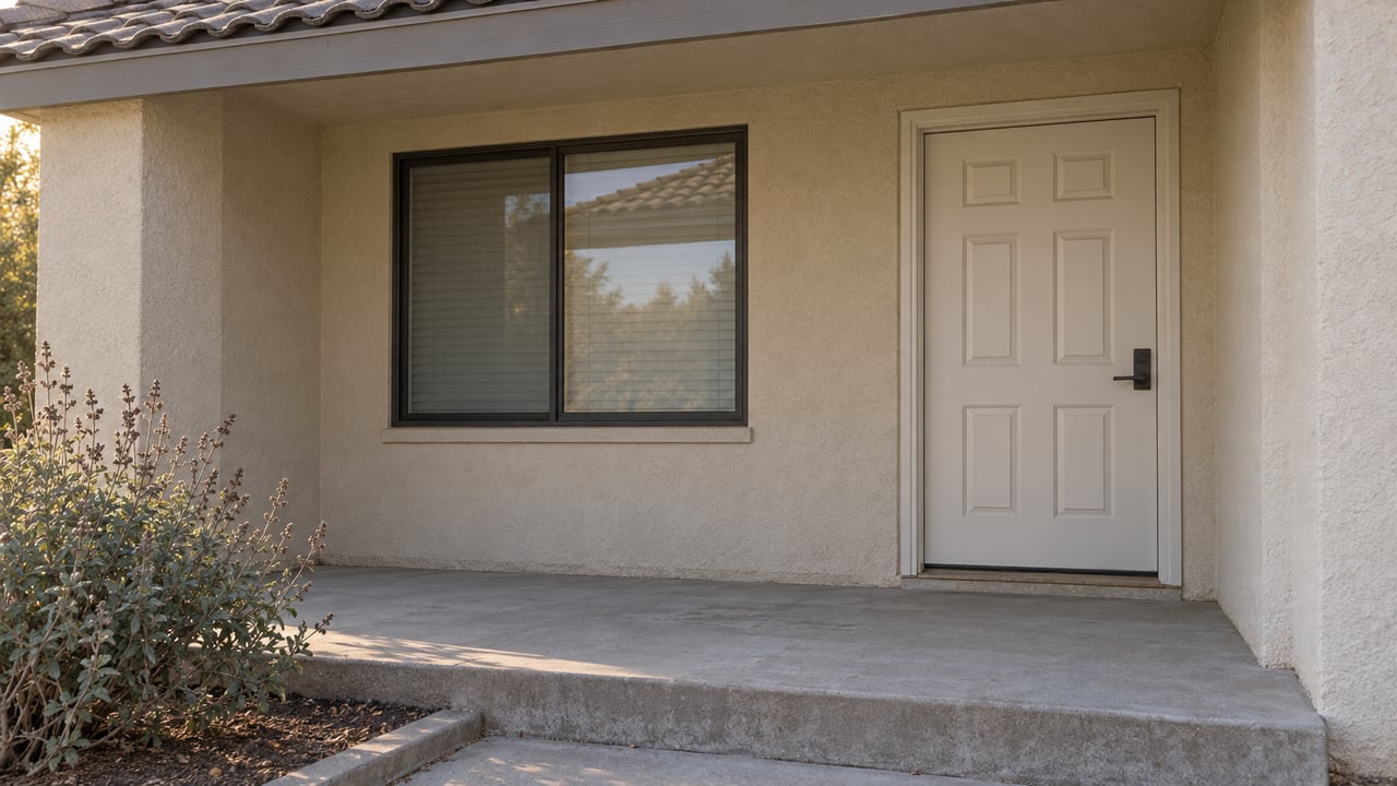 A recessed stucco entry with a closed paneled door, dark-framed window and worn concrete porch beside Cleveland sage.