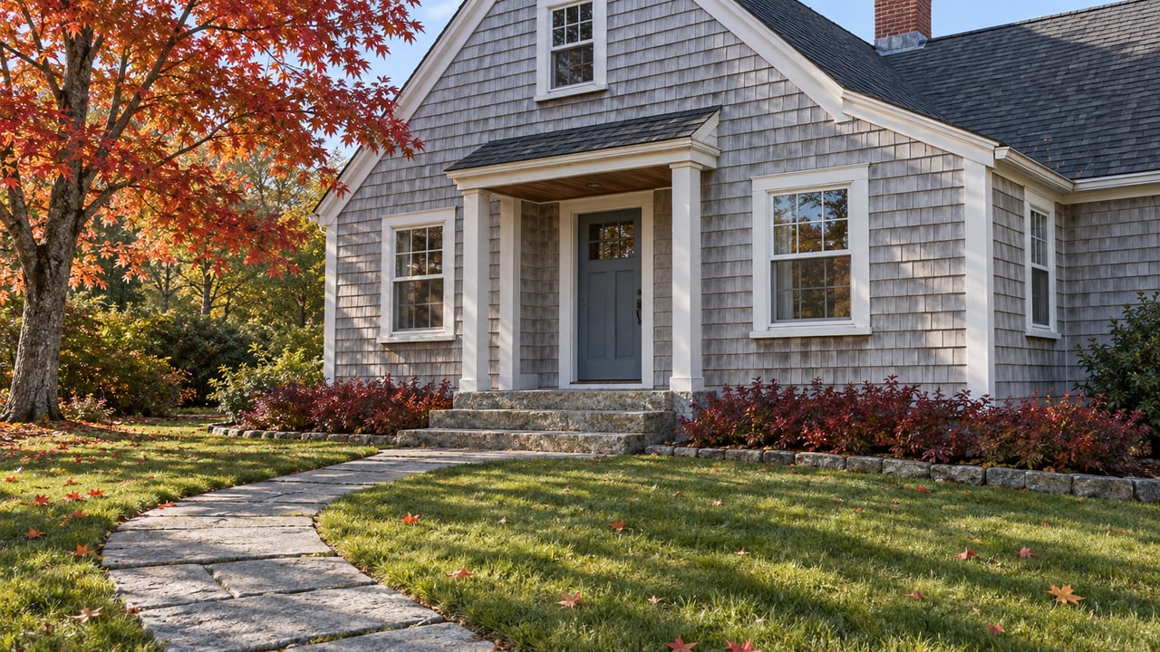 Weathered cedar-shingled cottage with a blue front door, granite approach and an autumn maple beside a deep lawn.