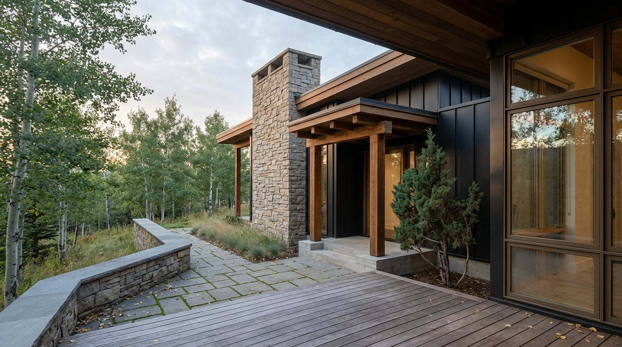 Mountain home corner with a fieldstone chimney, timber canopy, black metal siding, and walnut deck beneath aspens.
