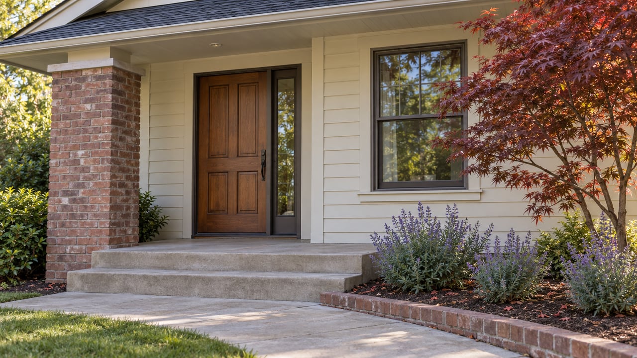 Cream-sided house entry with a brick porch pier, recessed walnut door, concrete steps, and a Japanese maple.