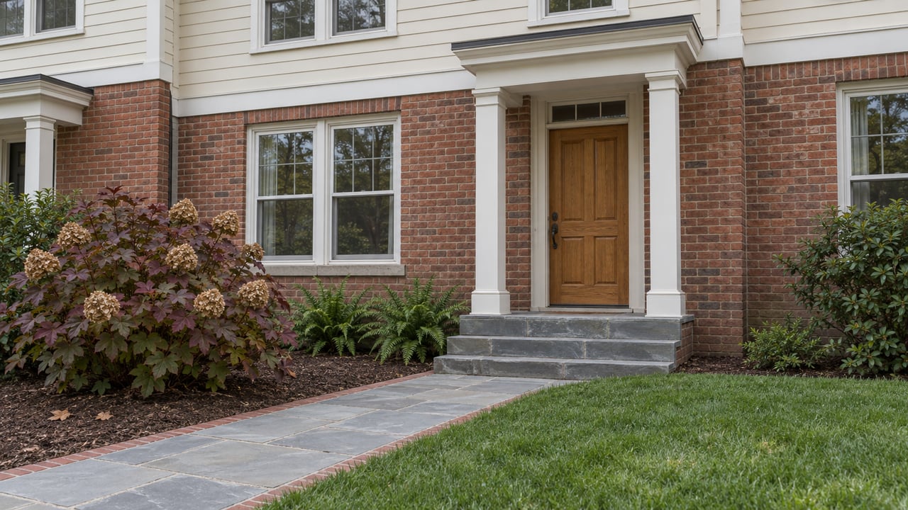 An ivory-sided and red-brick townhouse with an oak entry door, bluestone steps, and a compact autumn garden.