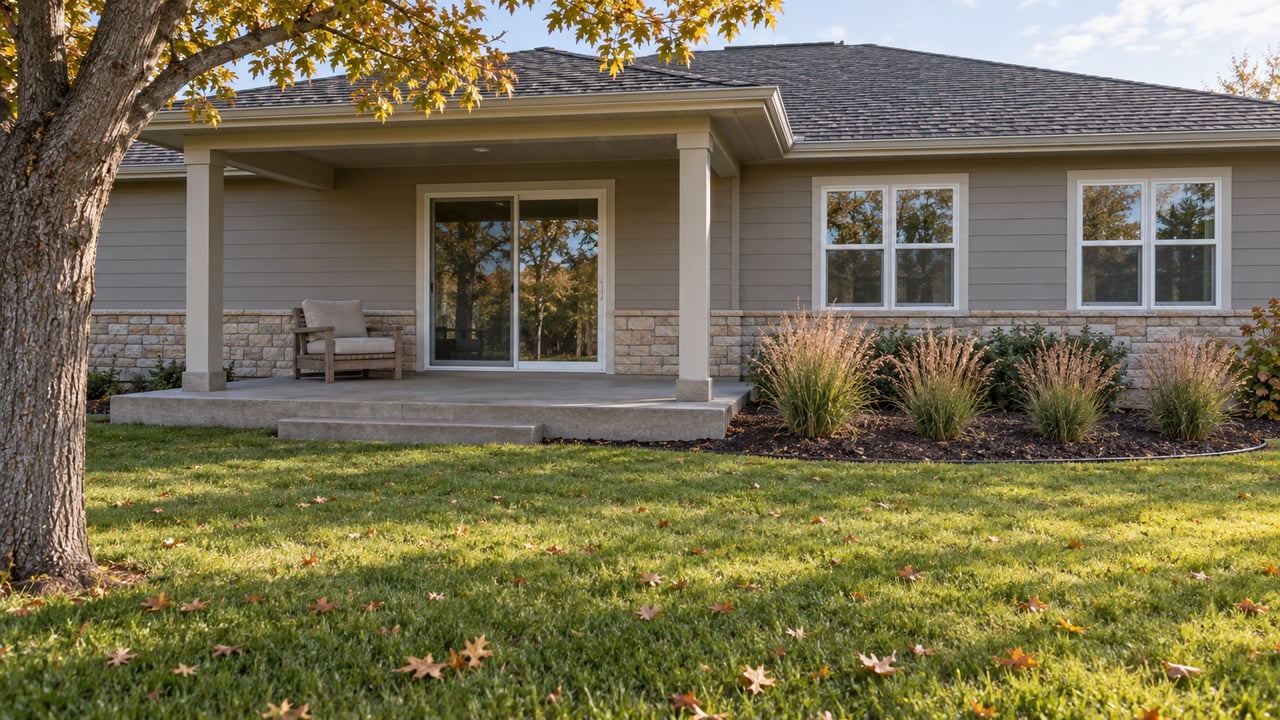 An autumn lawn leads to the covered rear terrace of a gray-sided single-story home, with a mature oak and tawny prairie dropseed beside the concrete step.