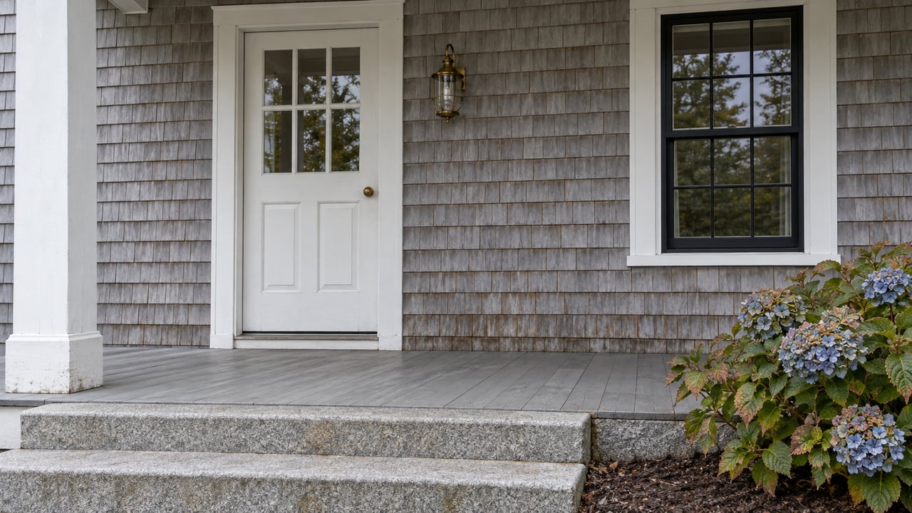 A shingled home's covered porch with a white glazed door, divided-light window, granite steps, and fading blue hydrangea.