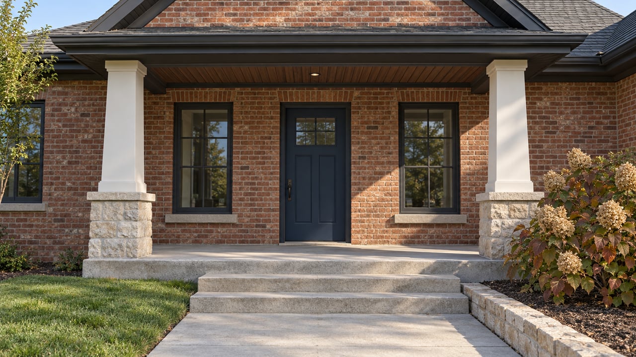 Brick home with a steep gable, blue front door, paired porch columns and autumn oakleaf hydrangeas.