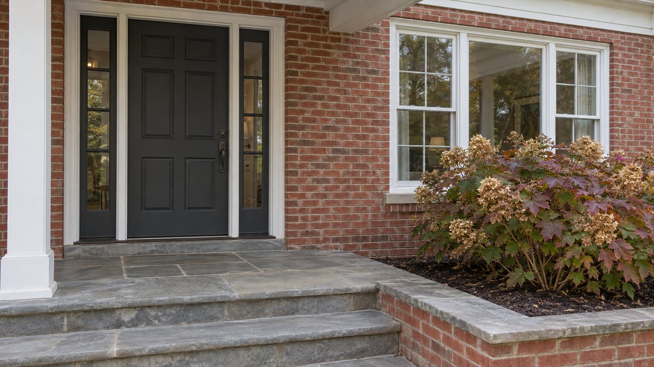 Brick home entrance with a charcoal door, white-framed window, worn bluestone steps and an oakleaf hydrangea turning burgundy.