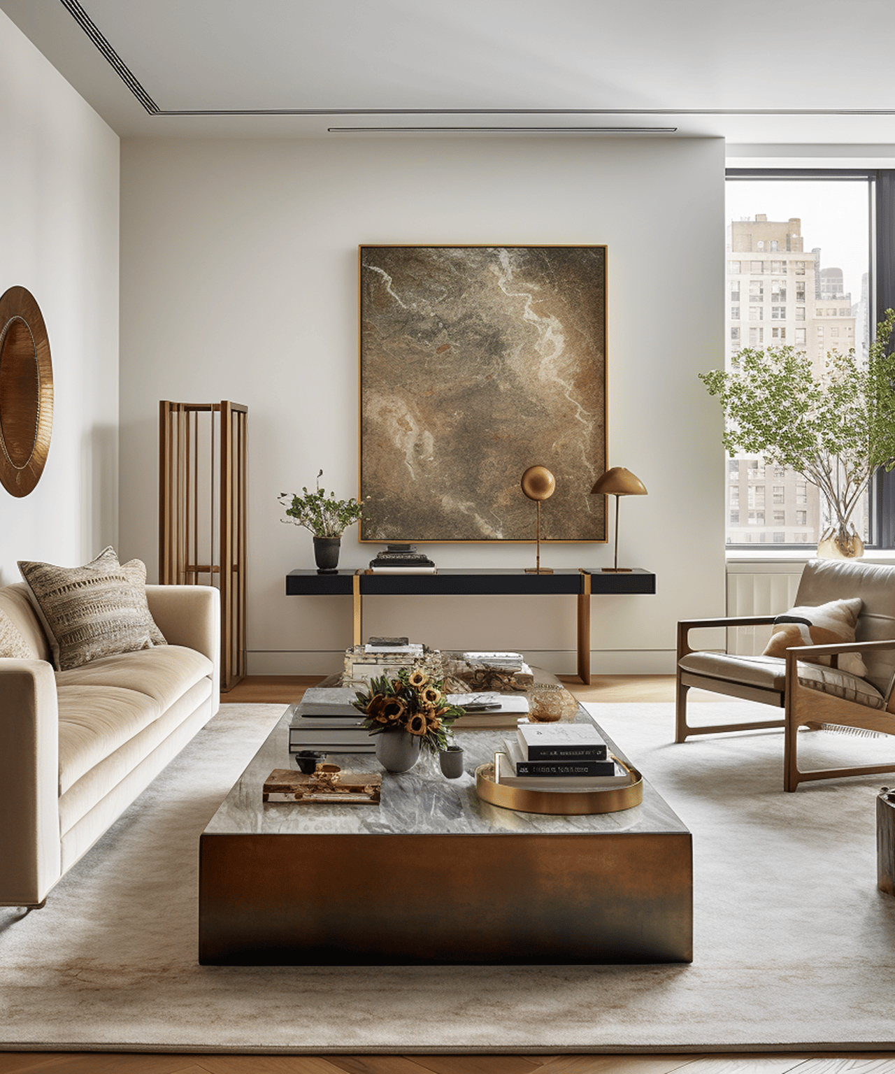 Staged living room with cream seating, a marble coffee table, and city buildings visible through a large window.