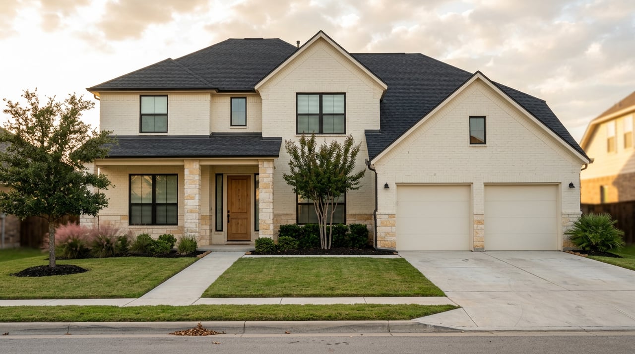 New suburban home with a wide driveway, manicured lawn, and foundation plantings.