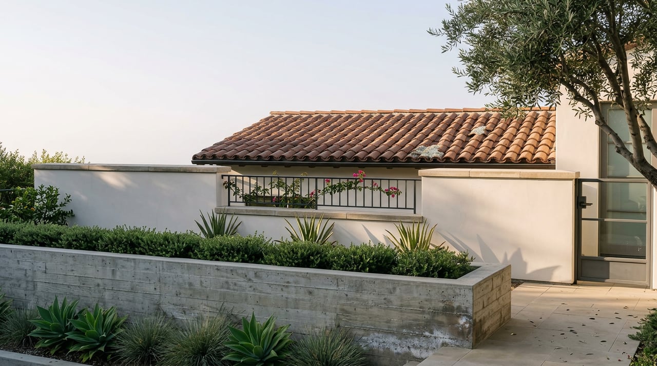 Terraced hillside home with a concrete retaining wall, stucco garden wall, terracotta roof tiles, and olive branches.