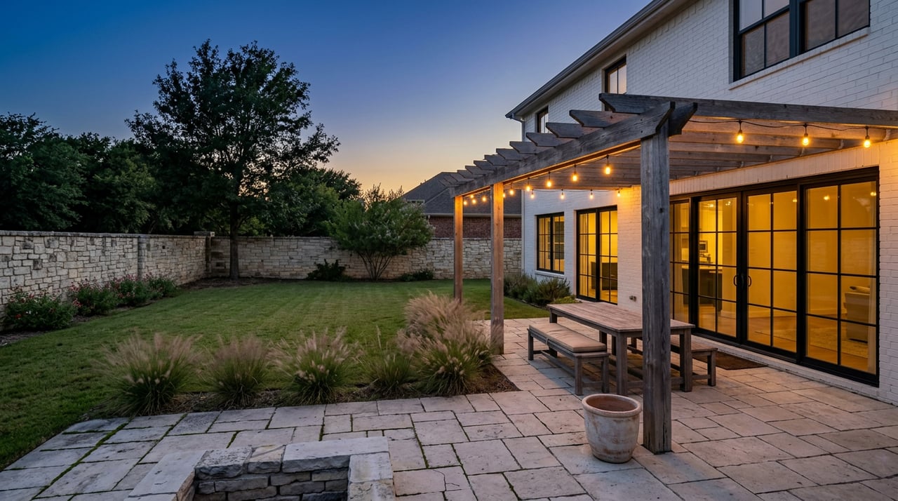 Cedar pergola over a backyard patio, with glowing windows, string lights, lawn, and stone wall.