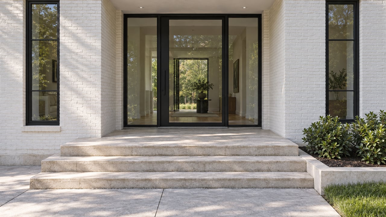 White painted-brick home with a recessed black-framed glass entry, limestone steps and gardenia planting beside the approach.