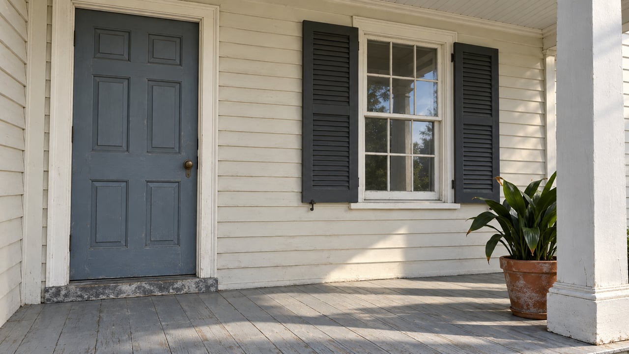 A cream-painted timber porch with a blue-gray entry door, tall shuttered window, worn gray floorboards, and a terracotta pot beside a white column.