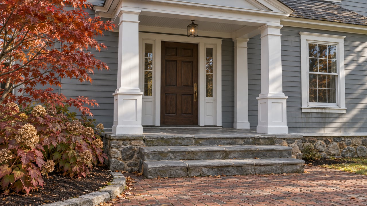 Gray-blue clapboard home with a sheltered oak entry, white porch columns, worn stone steps and copper-red autumn foliage.