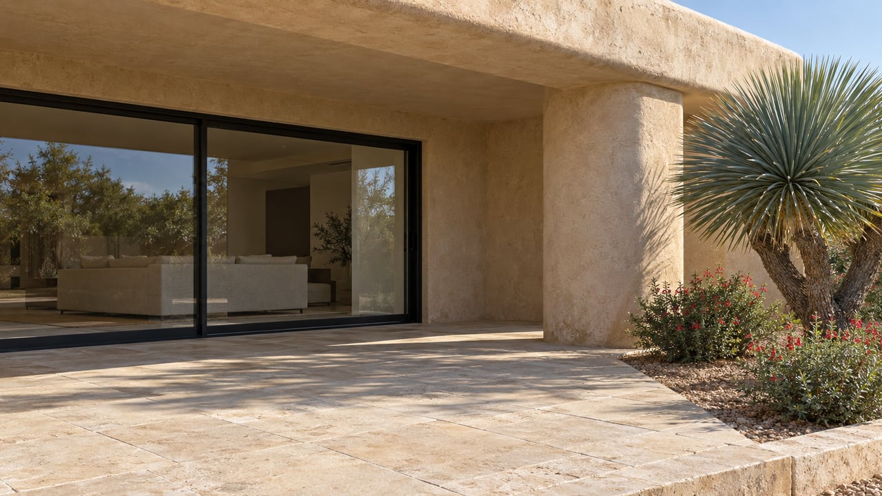 Low oblique view across a limestone patio toward a shaded stucco portal with black-framed glass doors, a sculptural yucca and flowering sage.