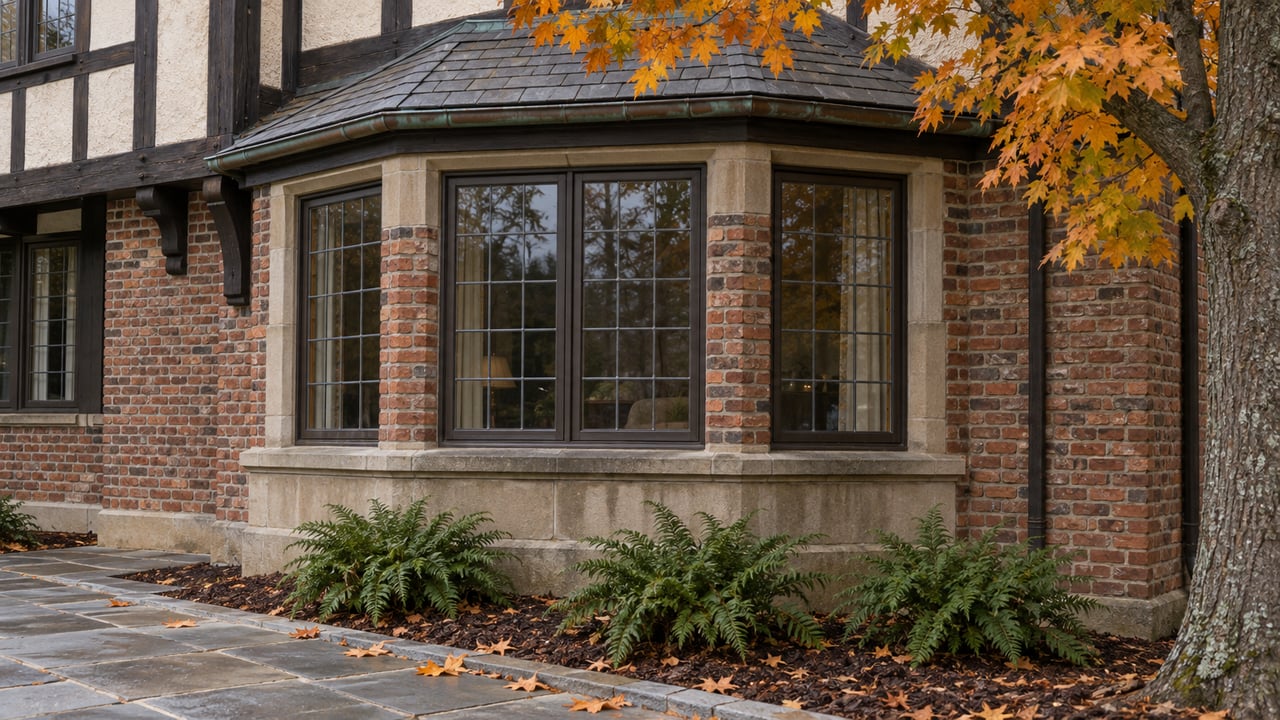 Autumn maple leaves beside a Tudor home's leaded-glass window bay, brick facade, and bluestone walk.