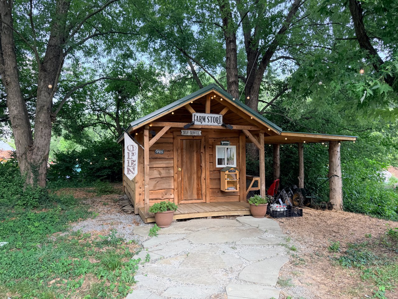 The welcoming front facade of the rustic log cabin farm stand featuring a covered porch and surrounding landscape at Chilly Hollow Farm in Berryville, VA, visited by local real estate expert Diane Geremia.